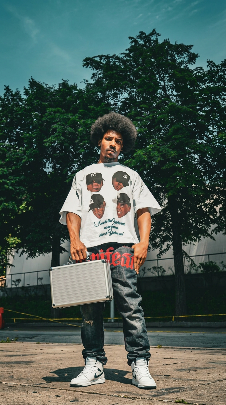 Campaign portrait, statement tee and silver case